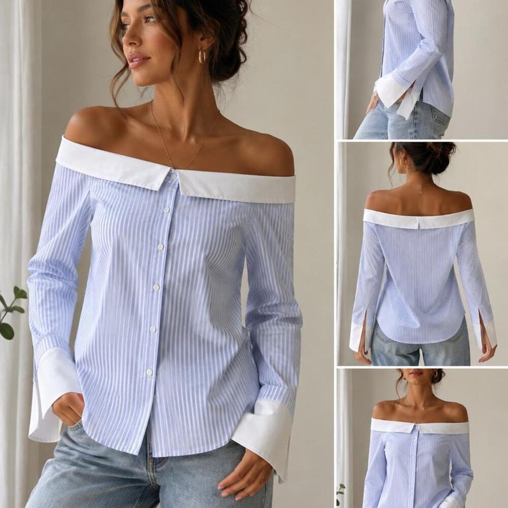 New Look Women’s Blue White Striped Off Shoulder Button Front Top Size US 6